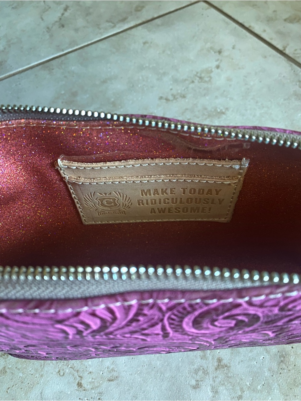 Consuela Mena Fuchsia Tooled Leather Midtown Crossbody Bag with Leather Trim - Picture 8 of 9